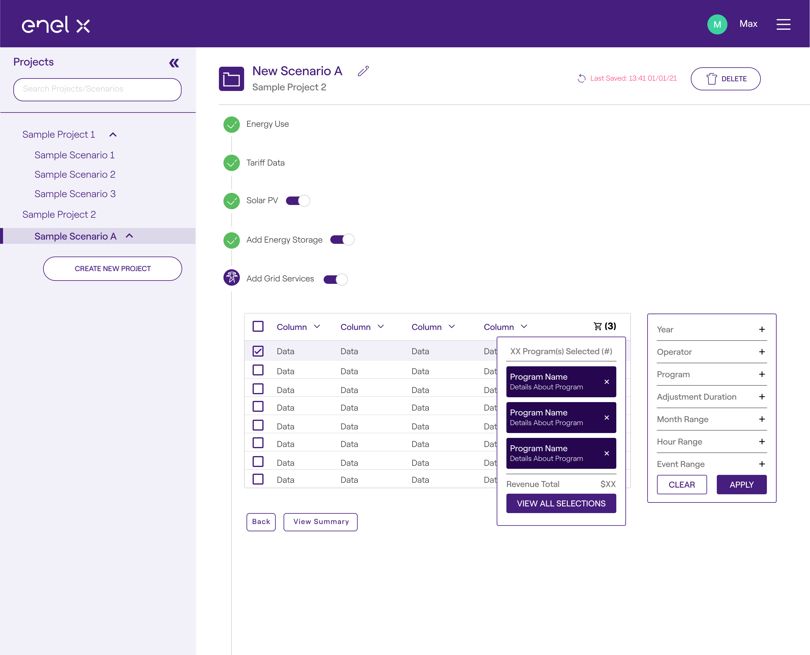 Project interface showing filtering options and a cart selections for energy use, tariff, solar, storage, and grid with program filters active.