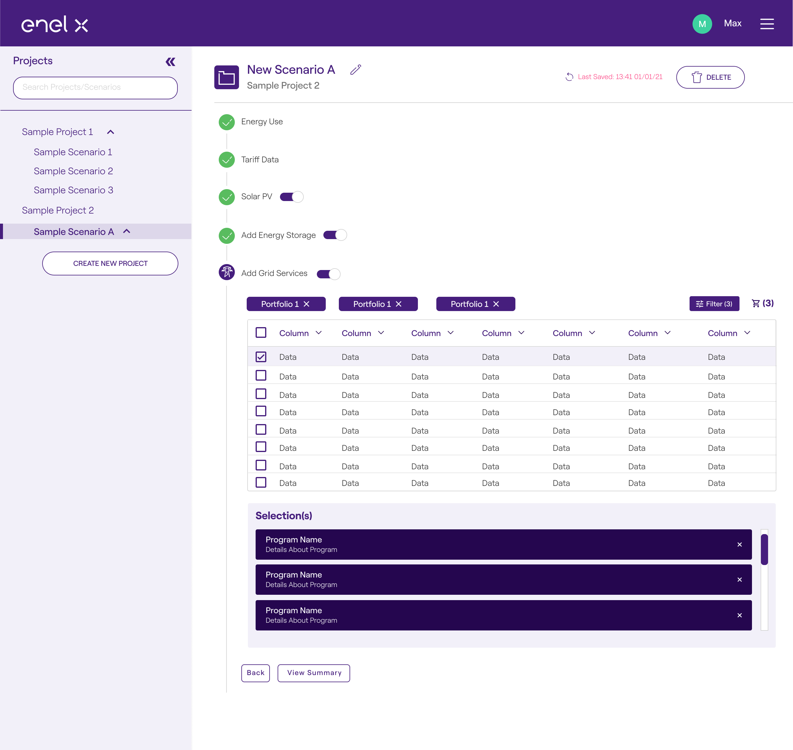 Dashboard with cart organization that show project scenarios, toggles for solar PV, energy storage, grid services, and selectable data table.