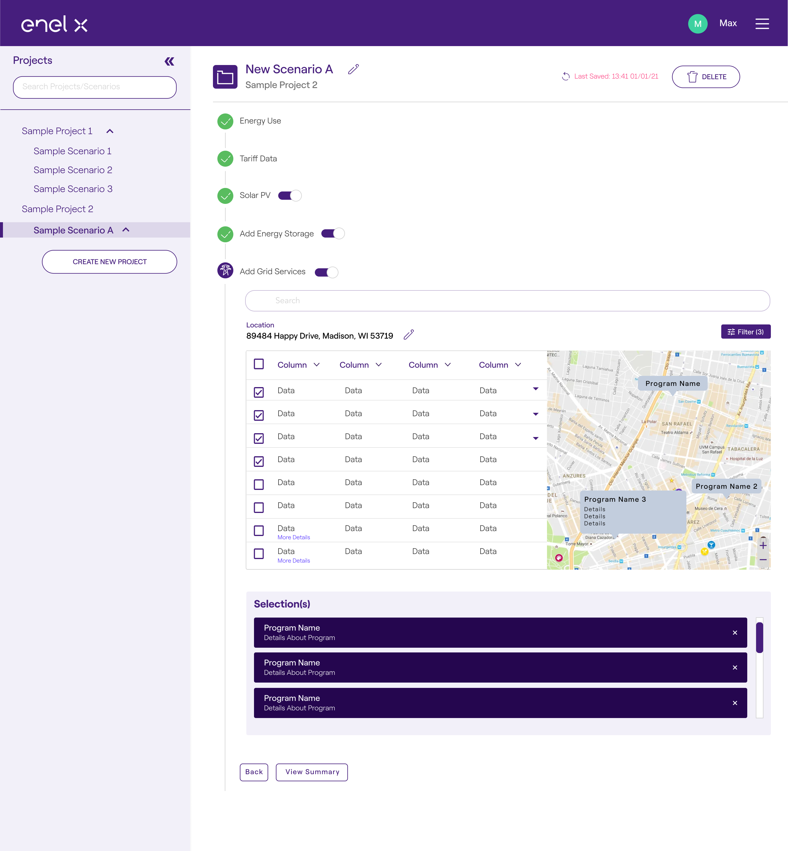 Dashboard interface showing energy project settings, data table, map with program names, and selected programs list.