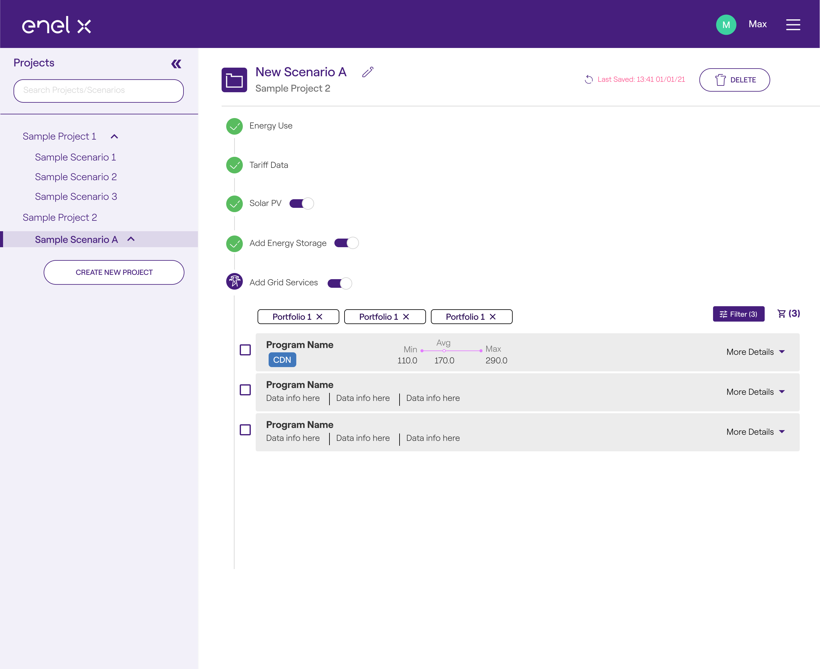 User interface with a table format for managing energy projects with toggles for Solar PV, storage, and grid services in Enel X app.