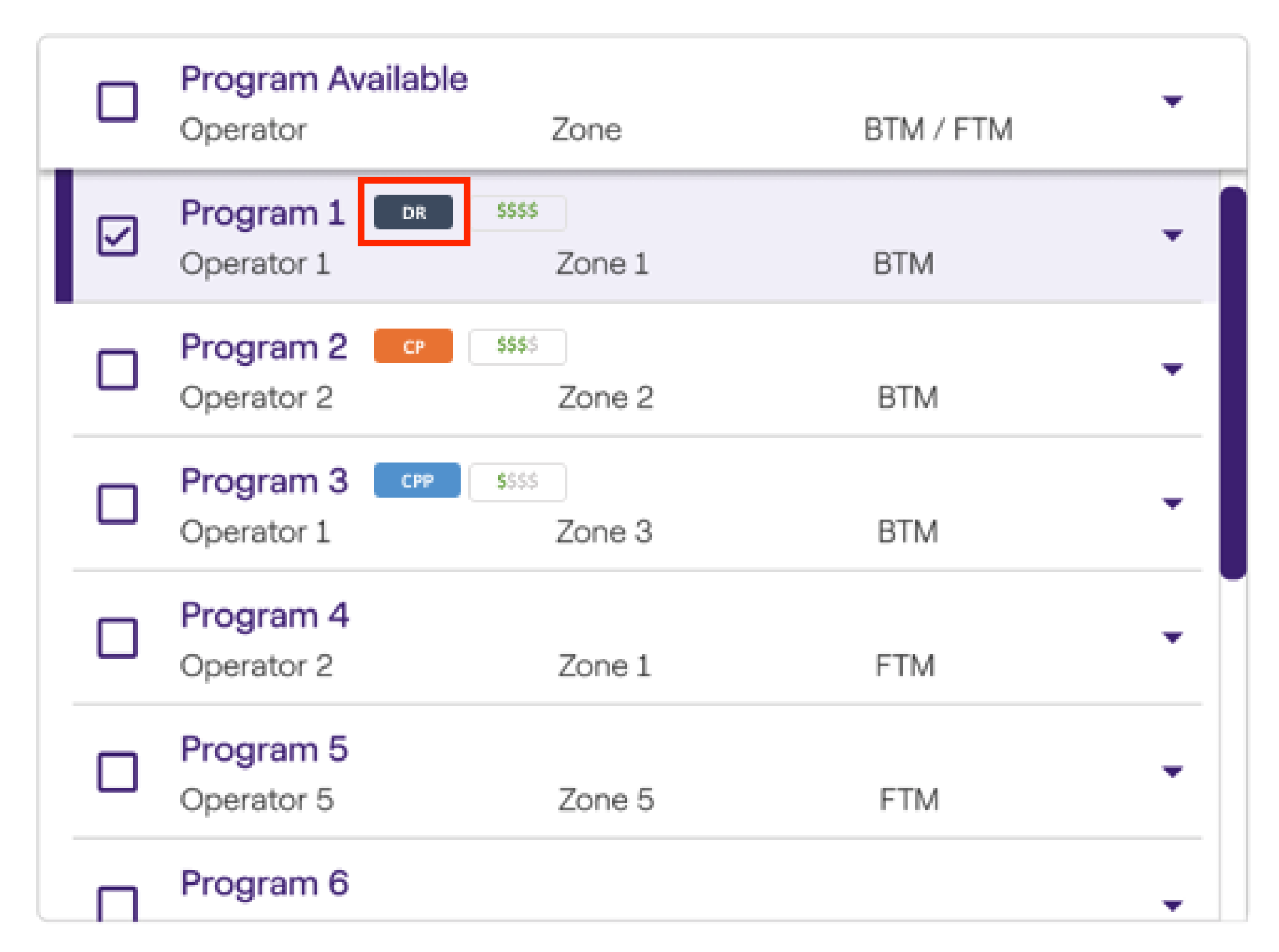 List of programs with operators, zones, BTM/FTM tags, and cost indicators; Program 1 is checked and highlighted.