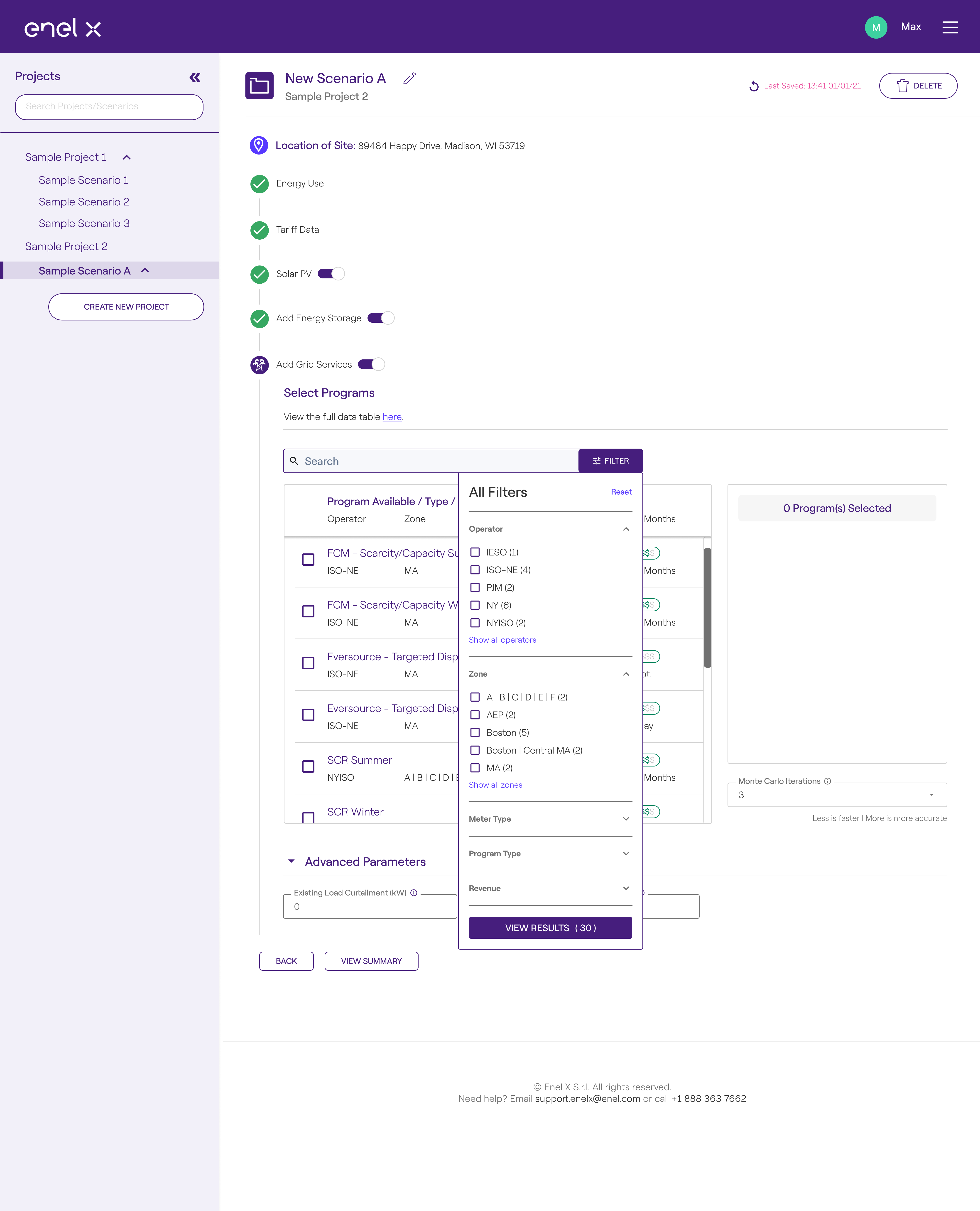 Balsamiq Wireframe with menu options and a table for selecting grid service programs with filter controls.