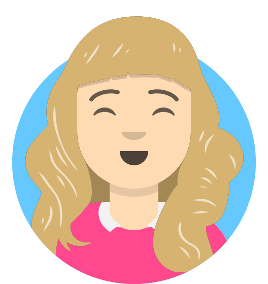 Smiling woman avatar with long blonde hair wearing a pink top and white collar on blue background.