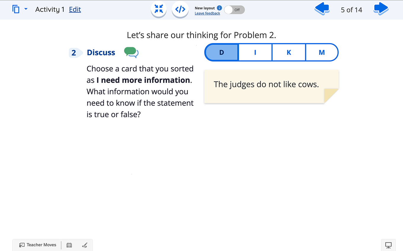 TPS screen after the redesign that shows a discussion prompt asking what information is needed to verify if 'The judges do not like cows' is true or false.