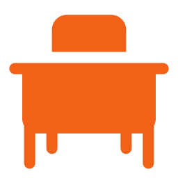 Orange icon of a chair and desk viewed from the front.