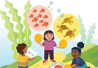 An Amplify Textbook with three children underwater learning, one holds math card, bubbles show fish and turtles on the cover.