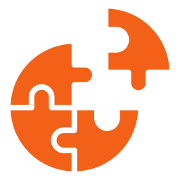 Four orange puzzle pieces arranged in a circular pattern with one piece separated.