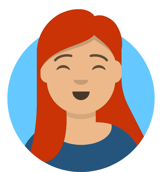 Smiling woman avatar with long blonde hair wearing a pink top and white collar on blue background.