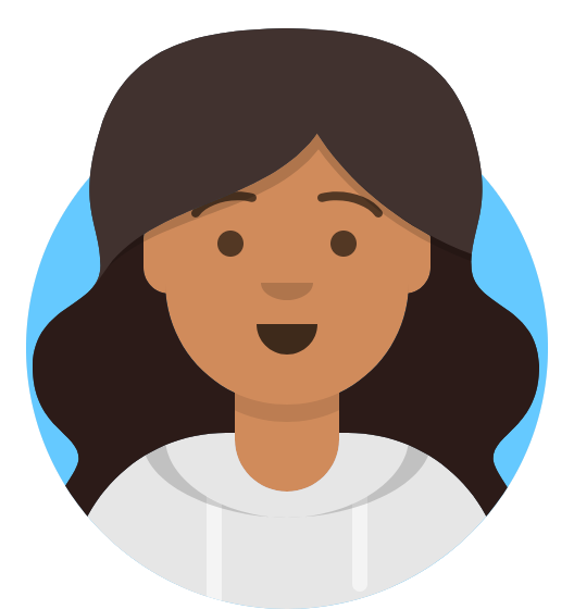 Illustration of a person with long brown hair wearing a dark blue shirt on a blue circle background.
