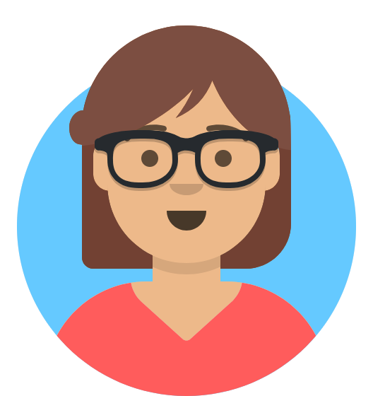 Avatar of a woman with brown hair, black glasses, and a red top on a blue circular background.