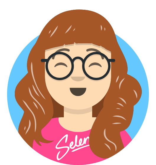 Avatar of a smiling person with long brown hair, round glasses, and a pink shirt.