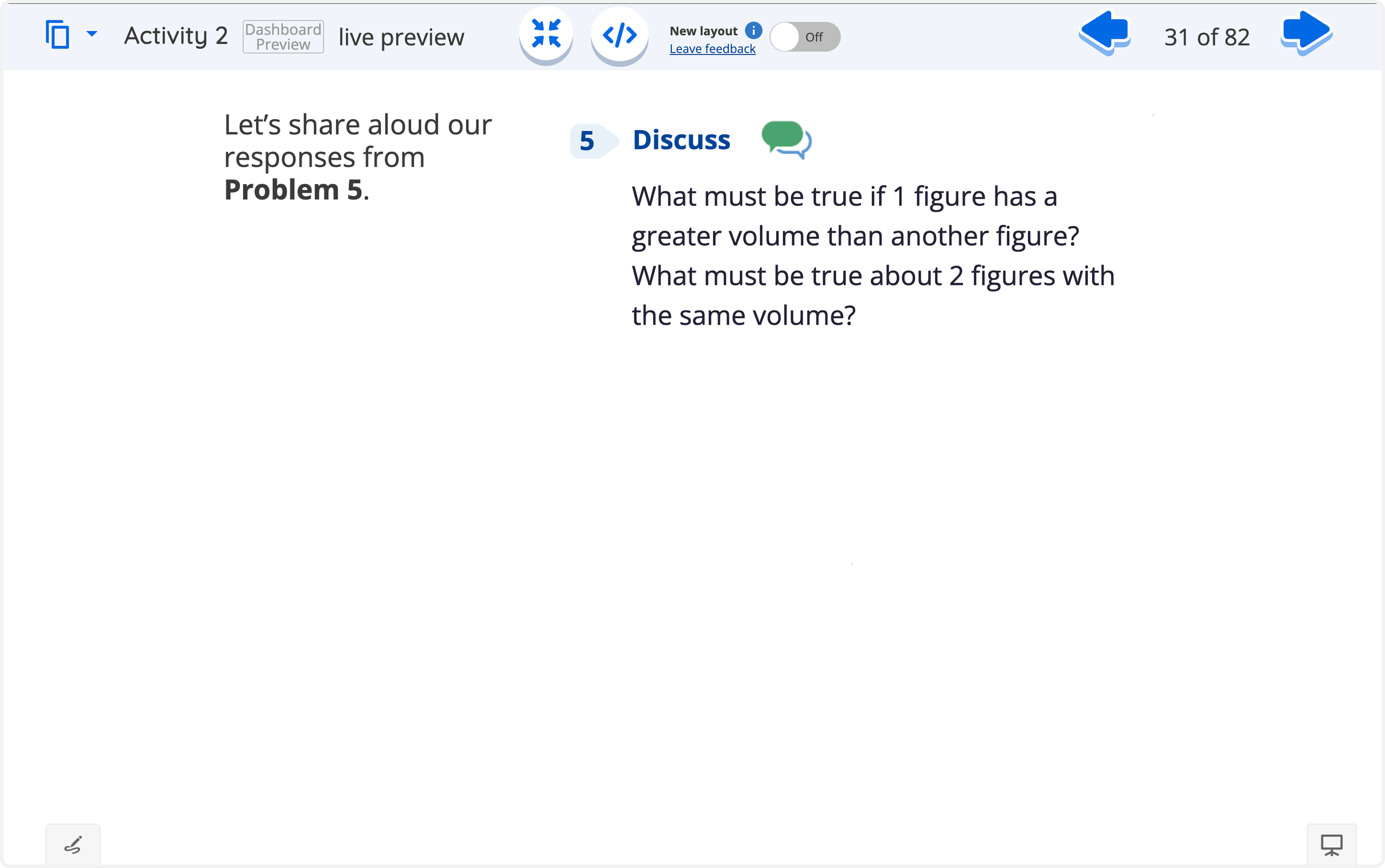 A 4:3 ratio TPS screen showing a discussion prompt about volume: what is true if one figure has greater volume than another and about equal volumes?