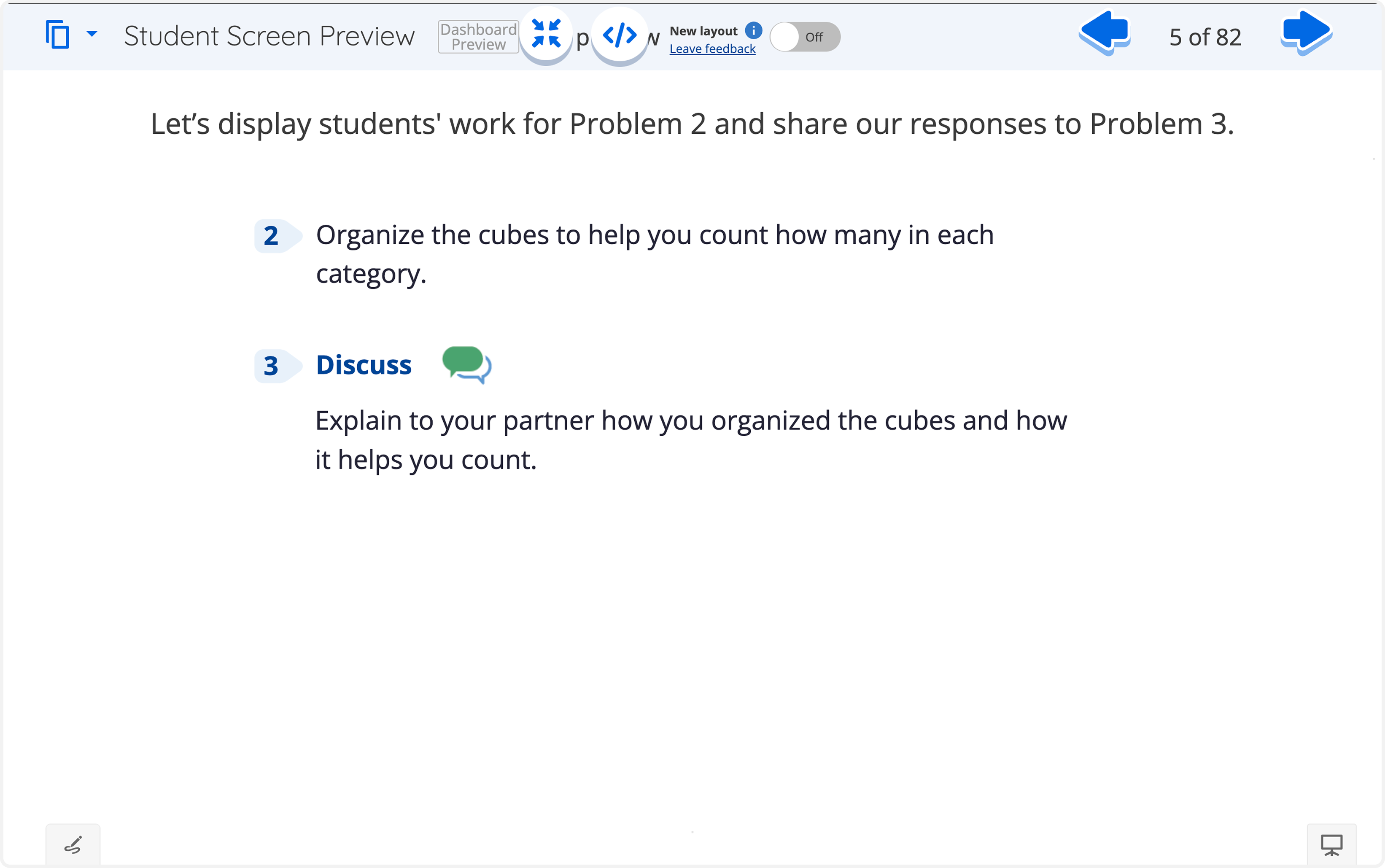 A 16:9 ratio TPS screen showing instructions to organize cubes for Problem 2 and discuss Problem 3.