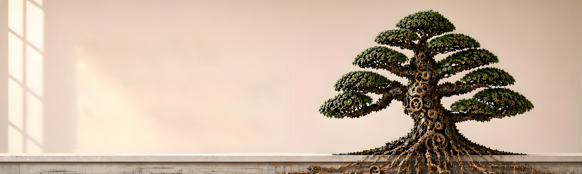Bonsai tree made of interlocking gears with an extensive root system, symbolizing engineered growth foundations