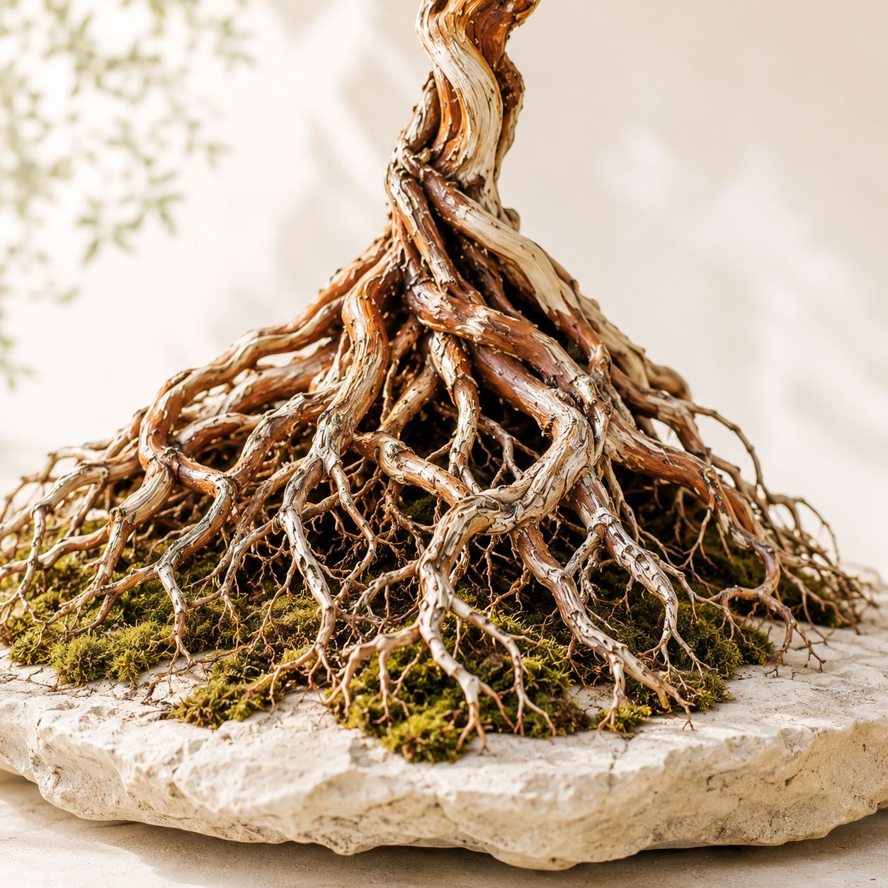 Extensive root system of a bonsai tree, representing the structural foundation beneath business growth
