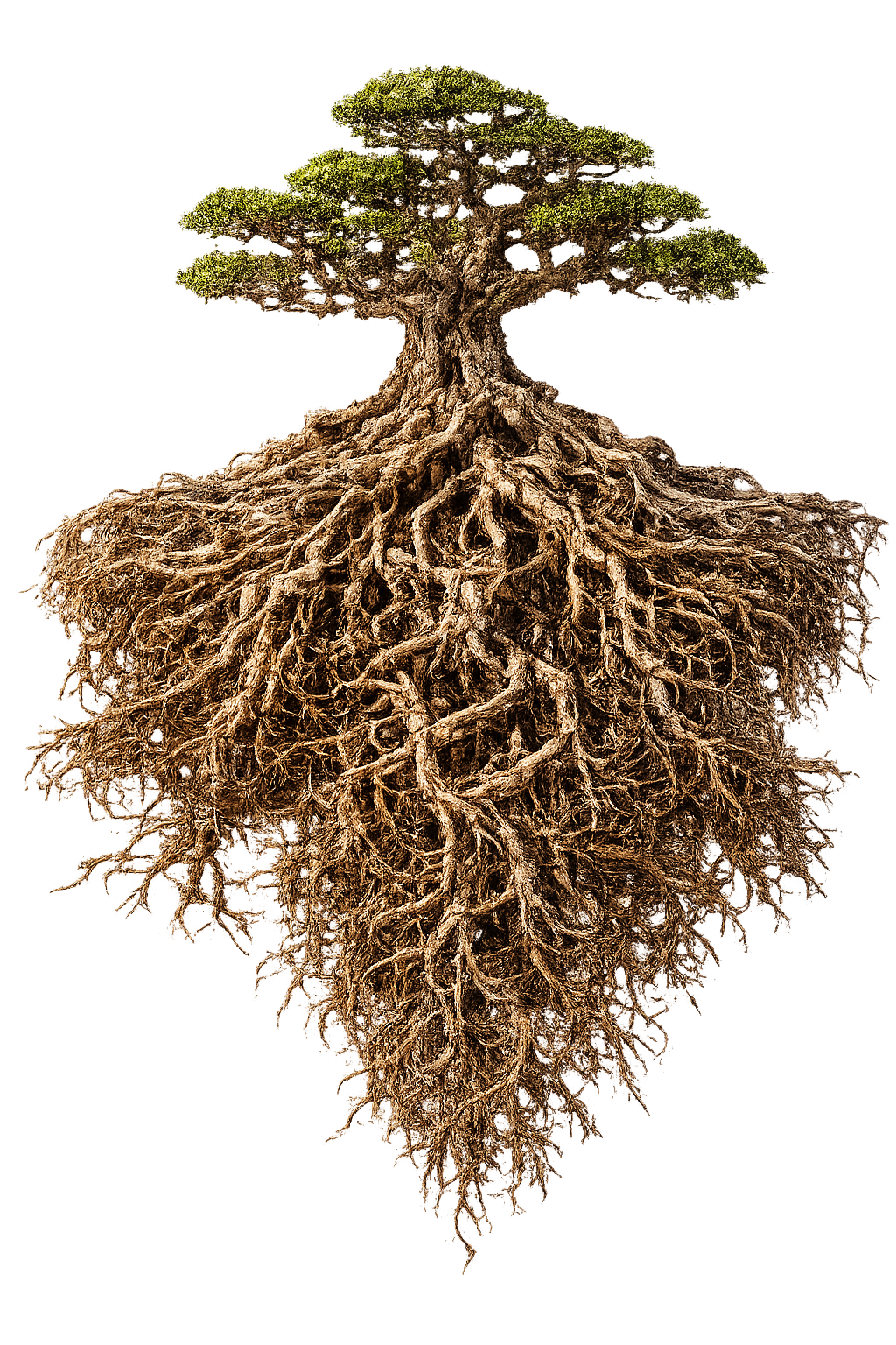 Bonsai tree with an exposed root system larger than its canopy, illustrating that what lies beneath the surface determines what grows above it