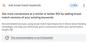 Google Ads AI essential recommendation