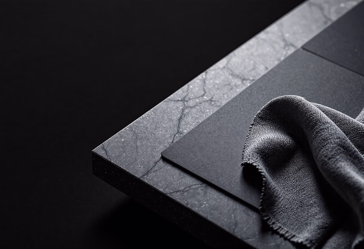 Folded grey textured cloth on dark smooth slate tile resting on a marble slab with cracks.