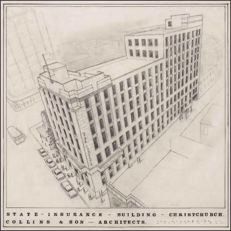 Architectural sketch of the State Insurance Building in Christchurch, a tall rectangular building with many windows and an entrance on a street corner, with cars and pedestrians around; designed by Collins & Son Architects.