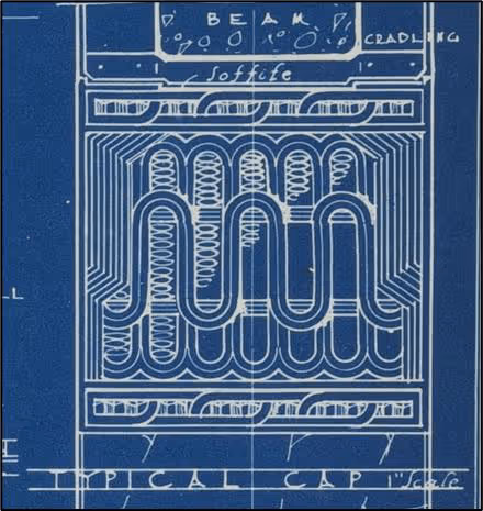 Blueprint-style technical drawing in white lines on blue background showing a sectional view of a radiator or heat exchanger with labeled sections such as 'beam,' 'cradling,' 'soffite,' and 'typical cap.'