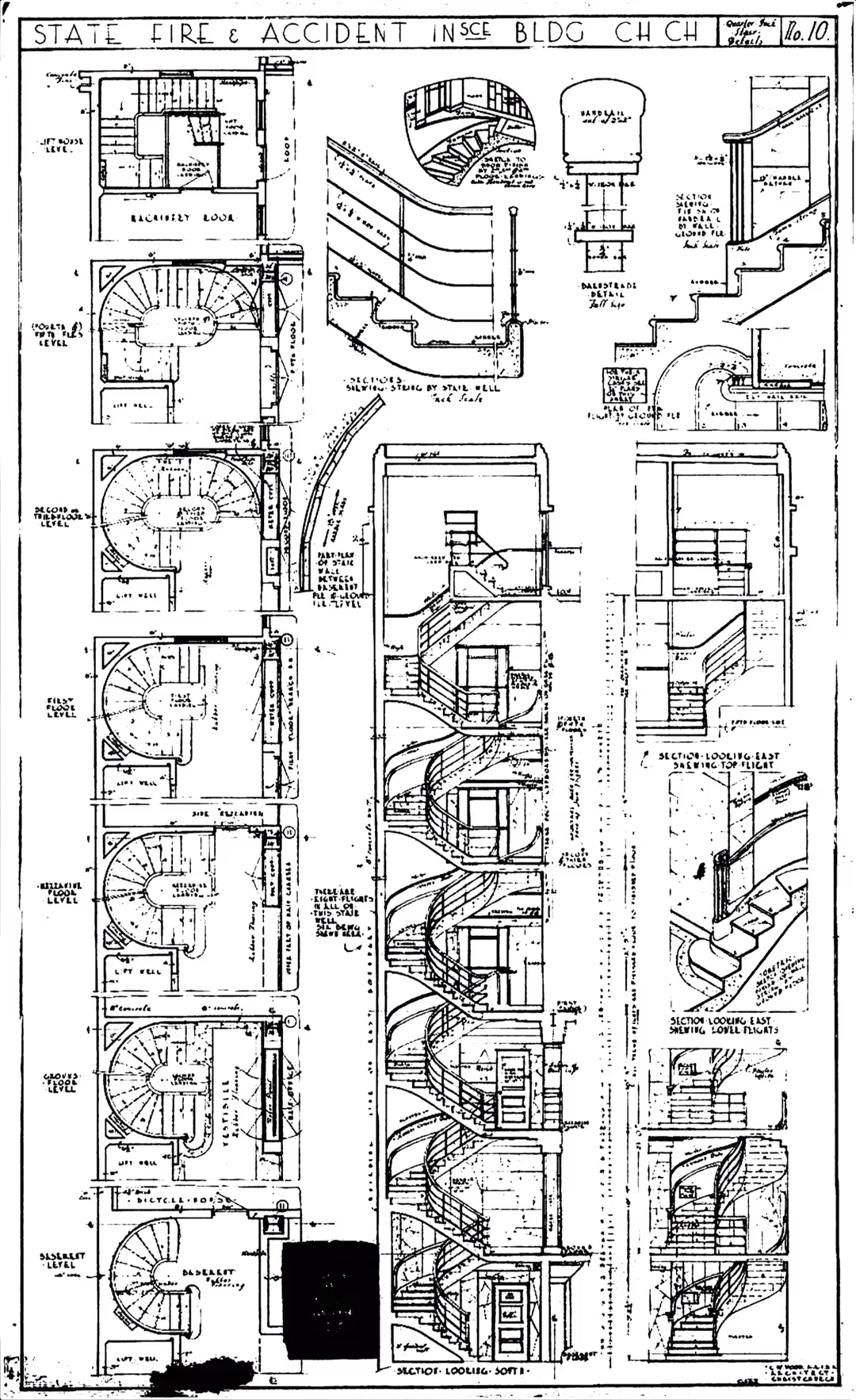 Architectural blueprint showing detailed stairwell plans with sections, elevations, and handrail details.