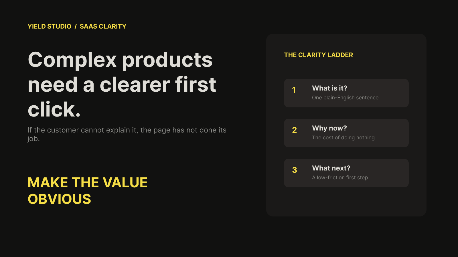 Graphic showing a clarity ladder for SaaS landing pages, from feature-led to outcome-led messaging.