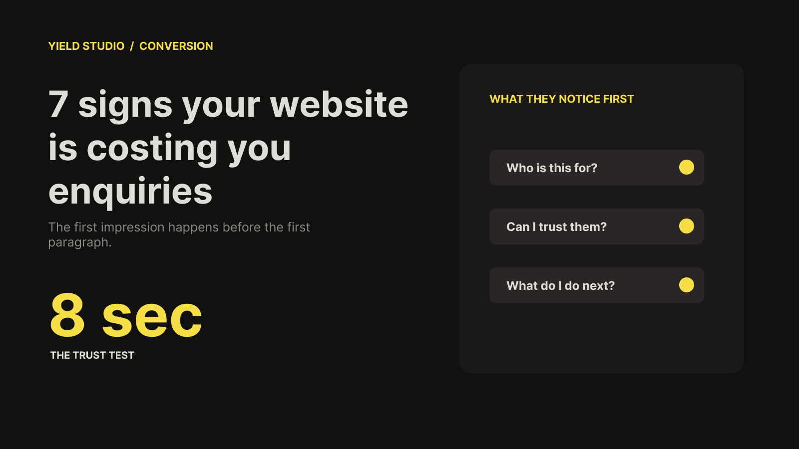 Graphic showing seven signs a website is costing a business enquiries, with an eight-second trust test.