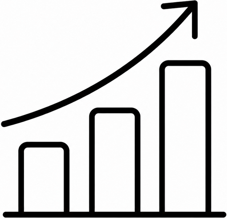 Bar chart with three ascending bars and an upward trending arrow indicating growth.