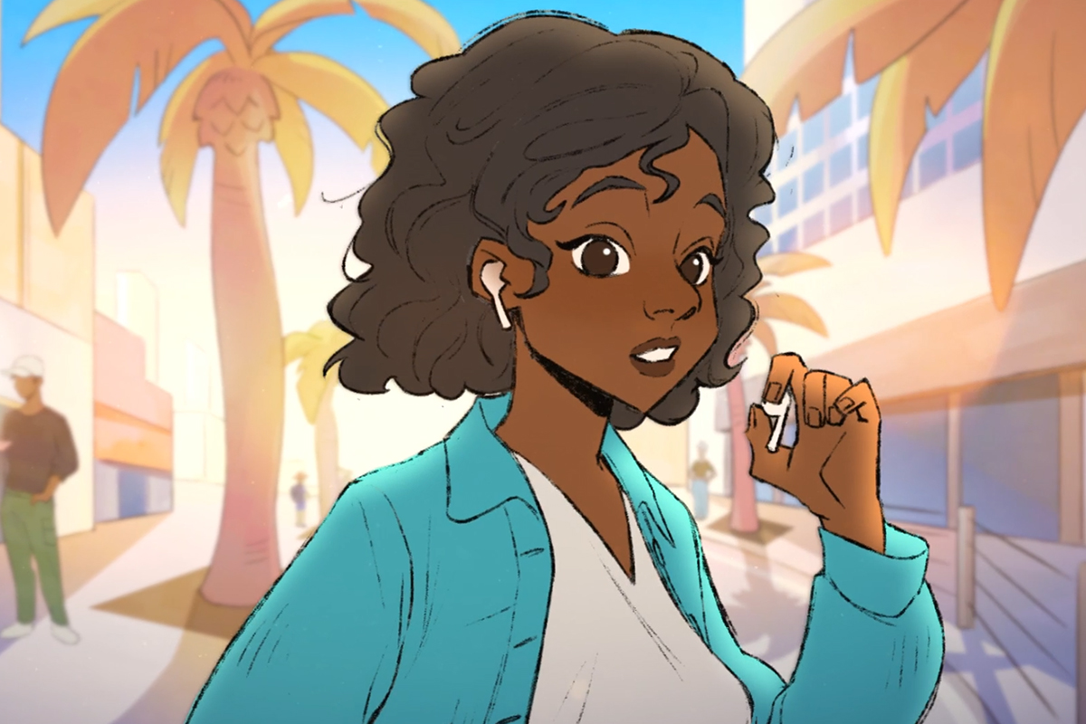 Animated woman with curly hair wearing blue jacket and white earbuds holding one earbud in a sunny street scene.