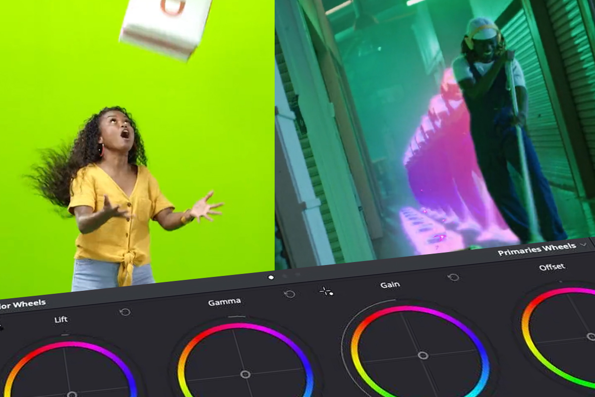 Video editing on screen: woman in yellow against green screen and motion effect of woman with a broom.