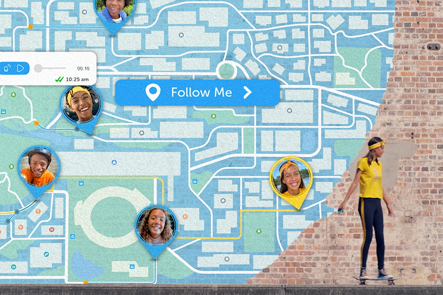 Person on skateboard next to a digital map with location pins showing smiling faces and a Follow Me button.