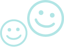Two teal smiling faces, one smaller beside a larger one.
