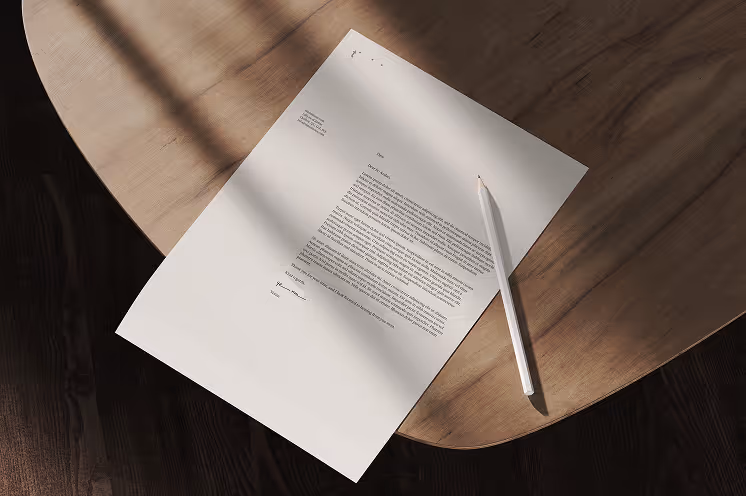 A branded letterhead laid across a wooden table with a white pencil resting beside it. The composition highlights the minimal layout, typography, and use of negative space.
Mockup by ls.graphics