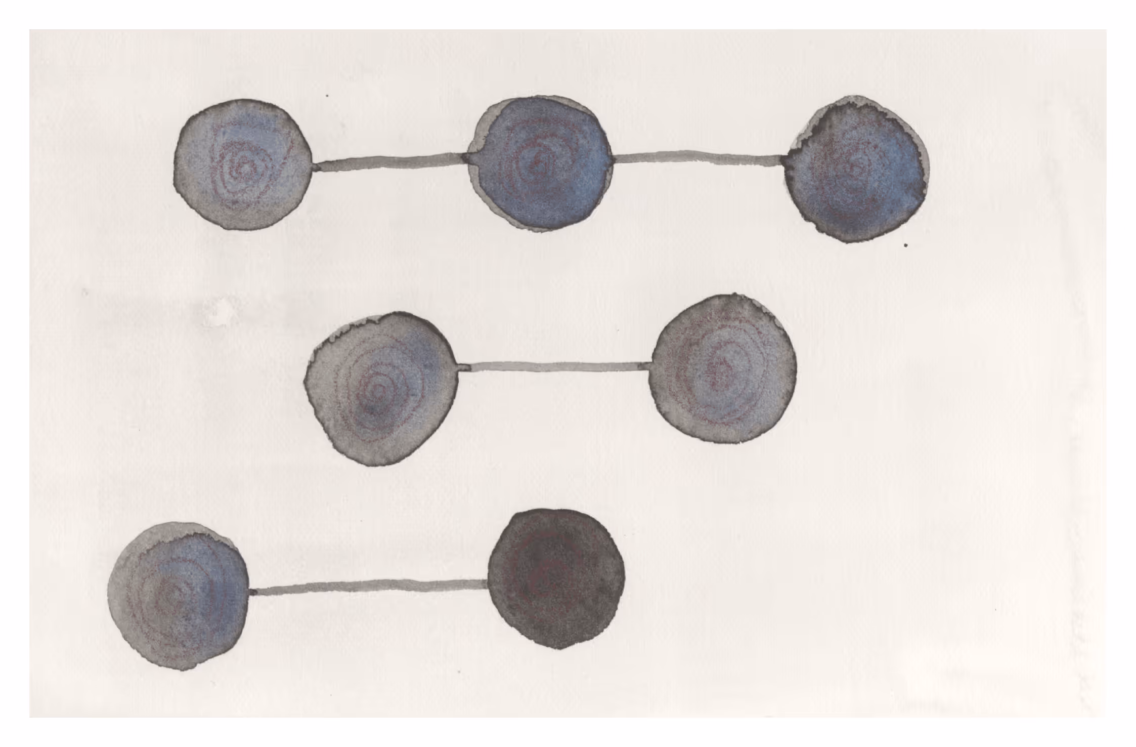 Watercolor studies inspired by the rhythm and movement of ping pong. Circular forms connected by thin lines suggest the back-and-forth motion of the ball, while variations in tone and transparency create a sense of speed, repetition, and impact.

Mark-making by Amy Yi