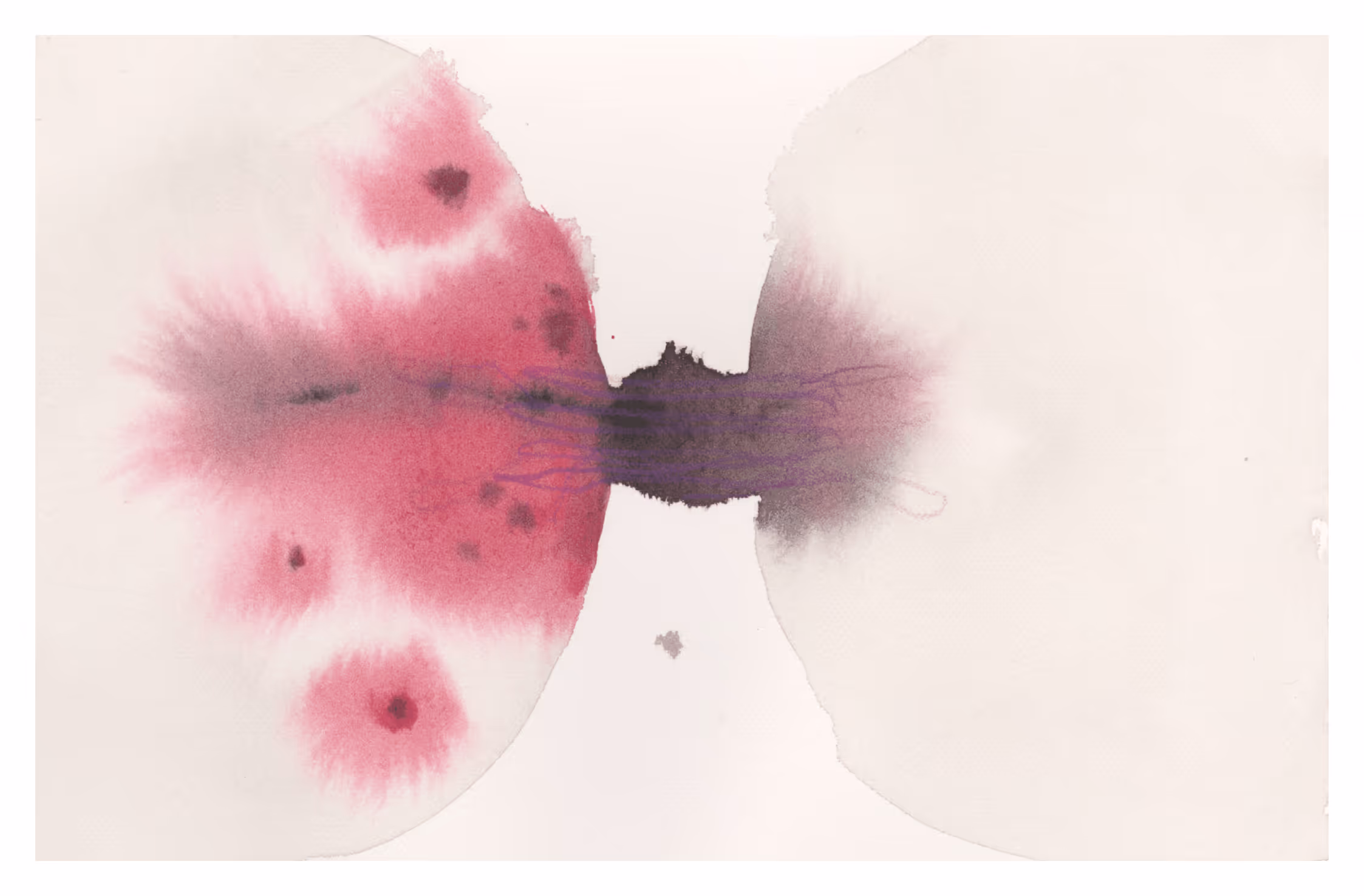 Abstract watercolor studies inspired by the tension and psychological intensity of Les Bonnes. Expanding washes, dark splatters, and mirrored forms suggest conflict, instability, and emotional pressure, while layered pigments and bleeding edges create a sense of distortion and unease.

Mark-making by Amy Yi