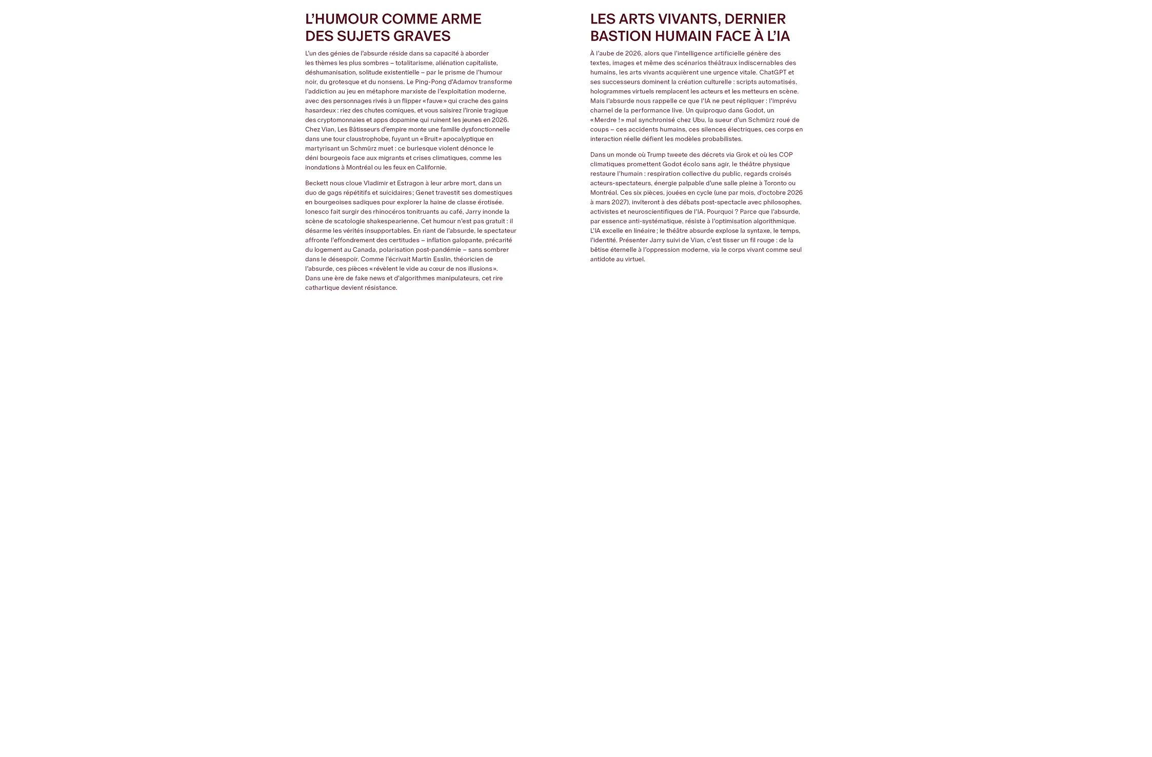 An accompanying booklet containing information on the theatre of the absurd, featured plays, mission and values, venue details, and visitor information.