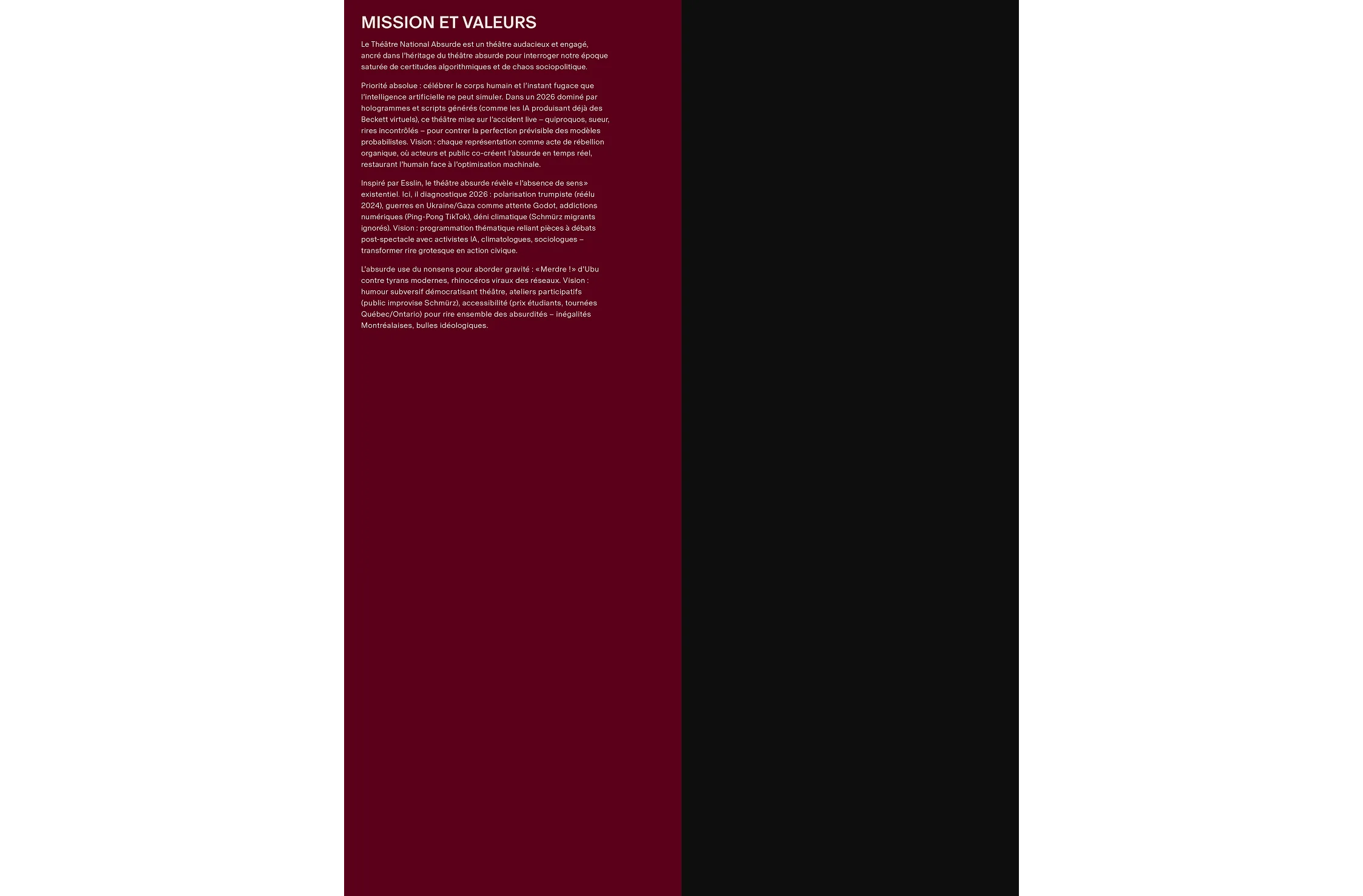 An accompanying booklet containing information on the theatre of the absurd, featured plays, mission and values, venue details, and visitor information.