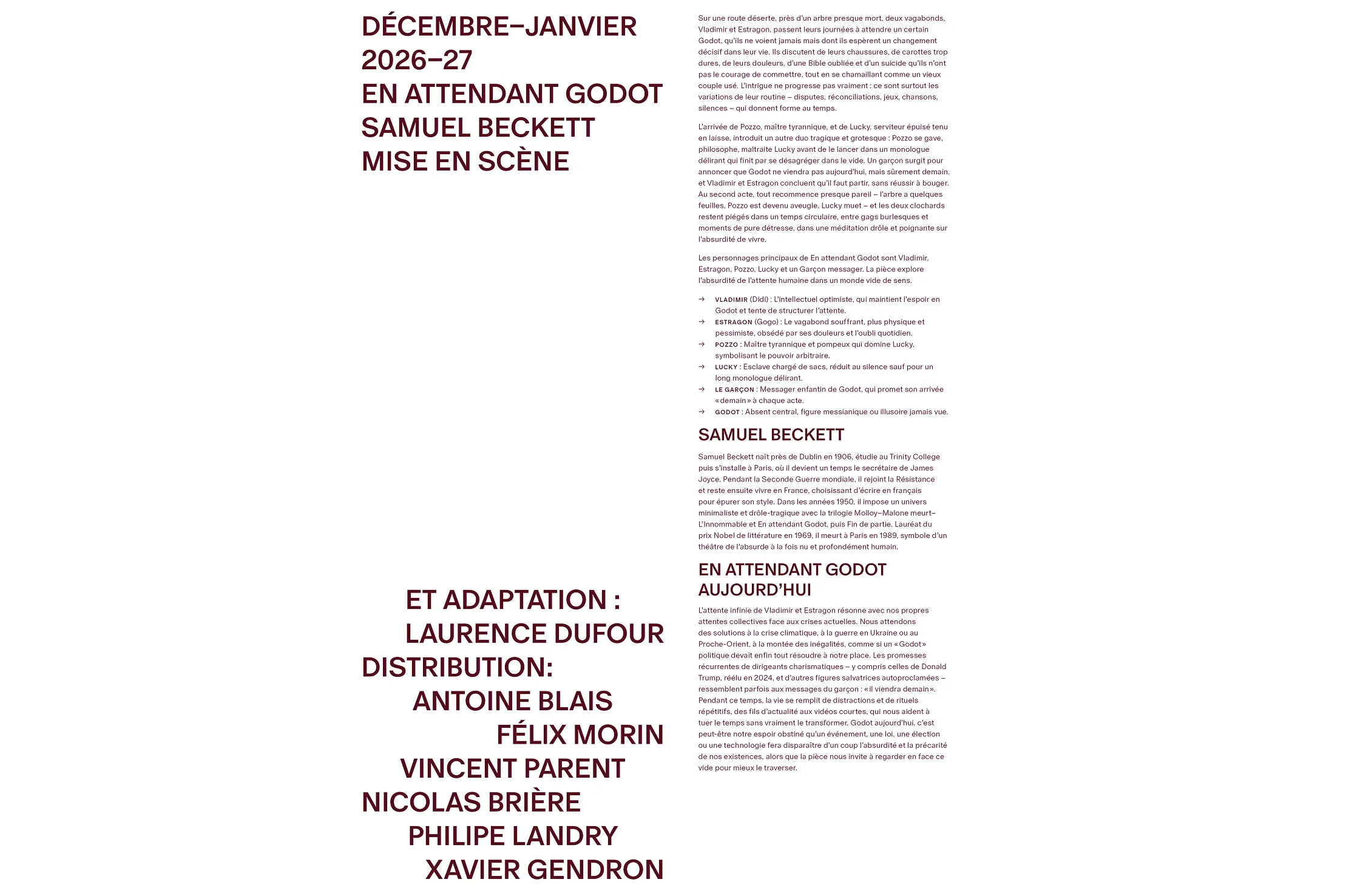 An accompanying booklet containing information on the theatre of the absurd, featured plays, mission and values, venue details, and visitor information.