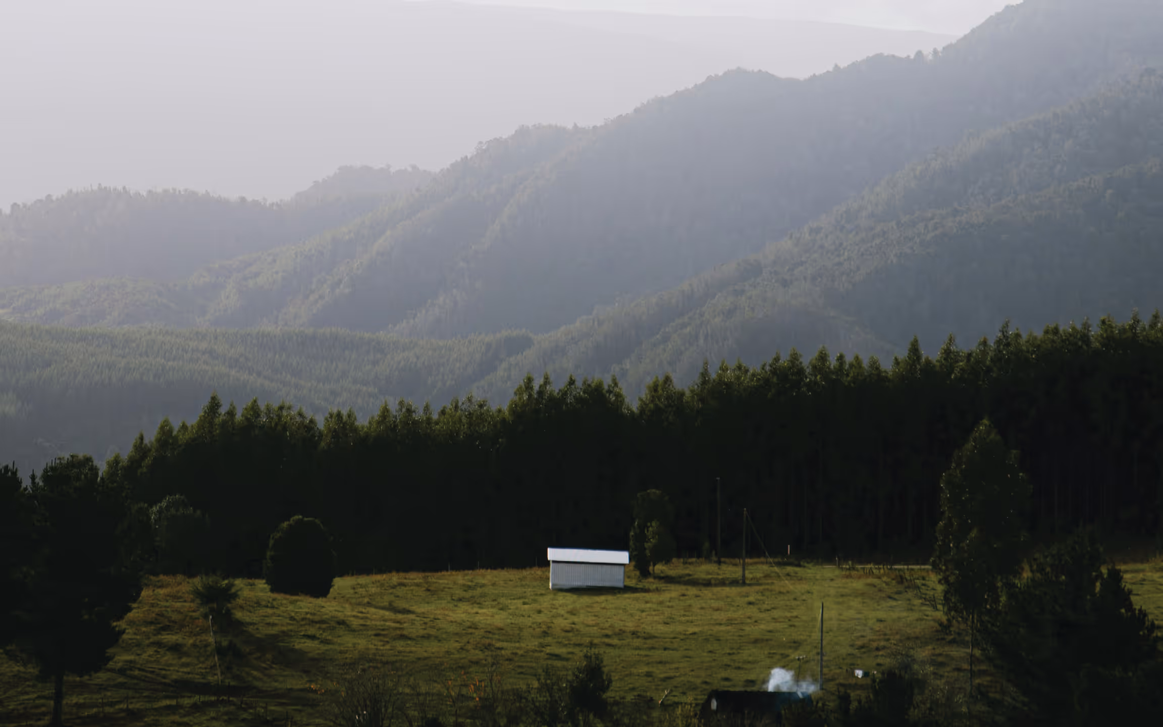 A quiet landscape of layered mountains and dense forest surrounding an isolated white structure in an open field. The soft haze and muted lighting create an atmospheric scene centered on stillness, distance, and solitude.