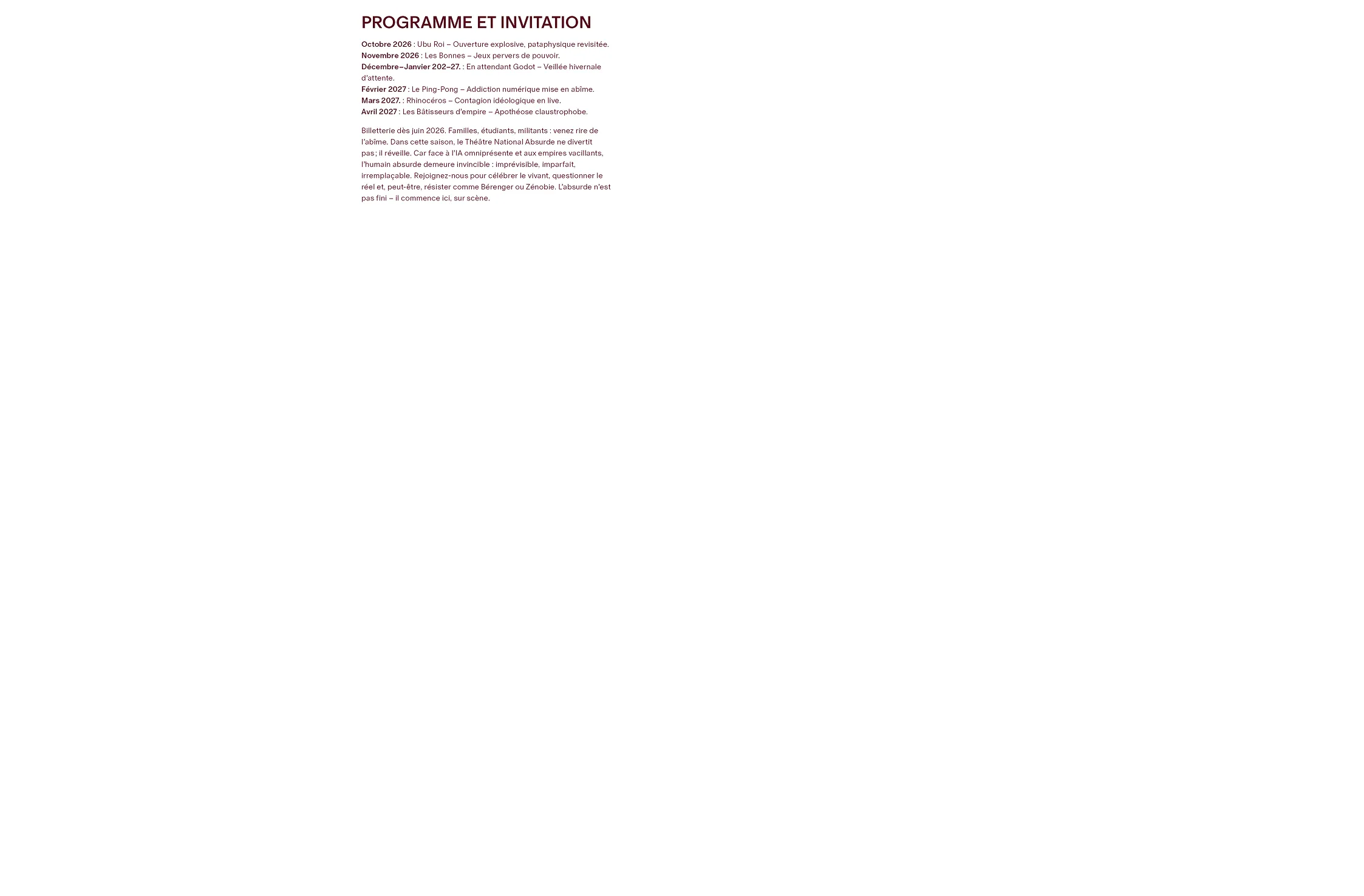 An accompanying booklet containing information on the theatre of the absurd, featured plays, mission and values, venue details, and visitor information.