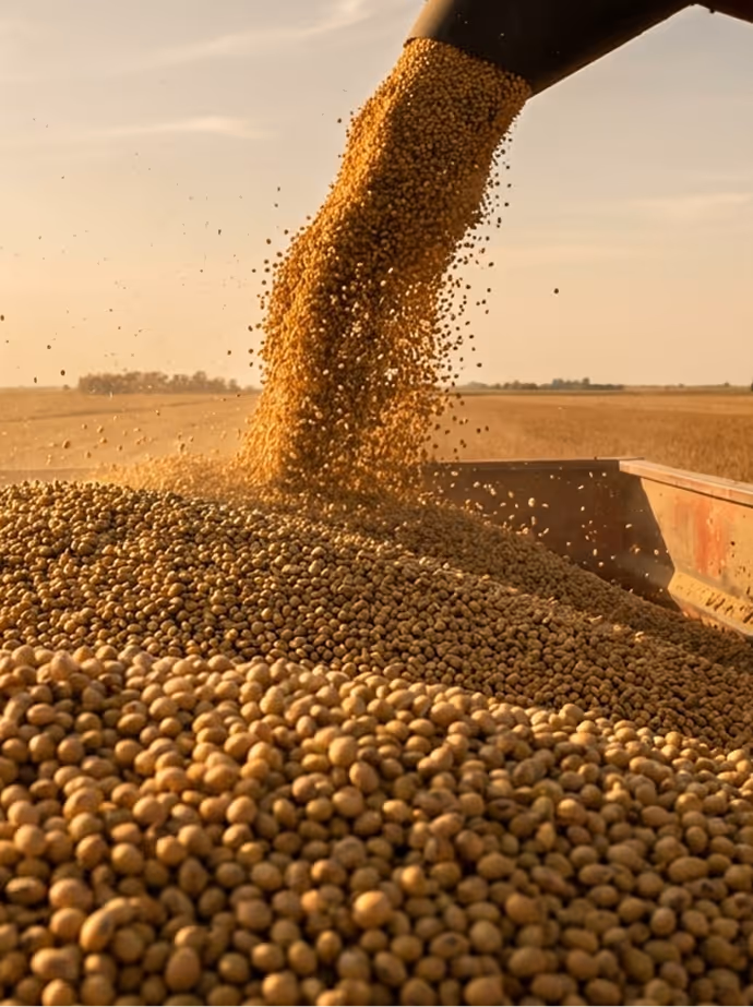 Golden soybeans pouring from a machine into a large container in a farm field at sunset.
