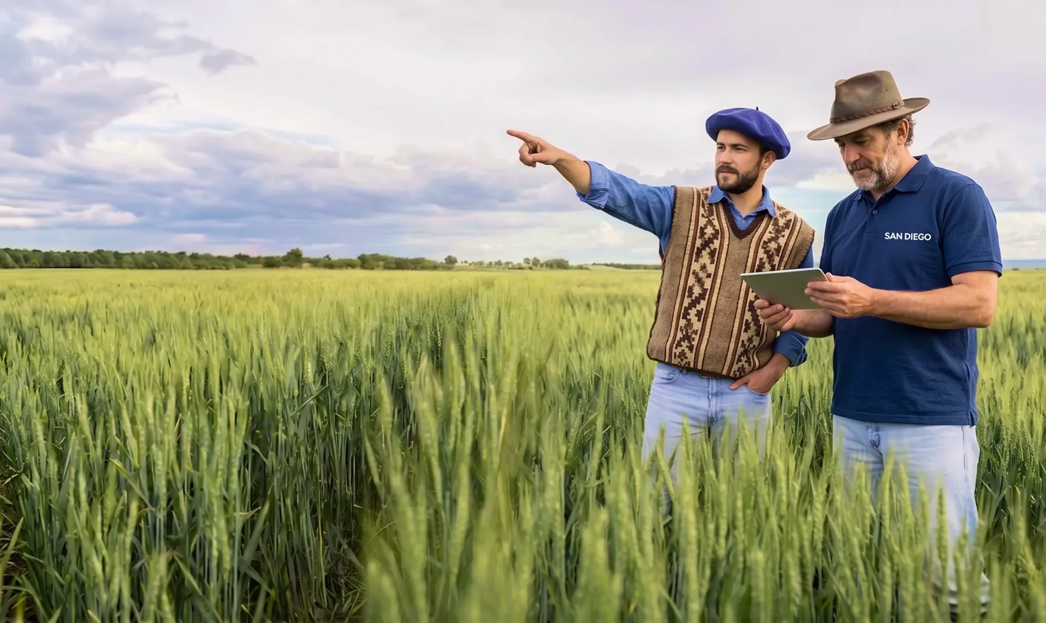 Two men stand in a green wheat field, one points ahead while the other holds a tablet.