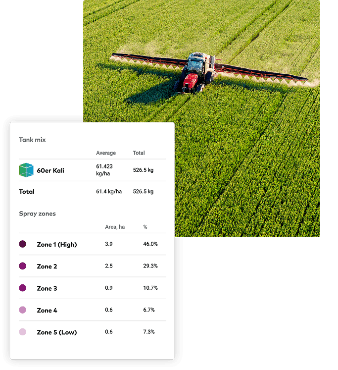 Red tractor spraying crops in green field with tank mix and spray zone data overlay.