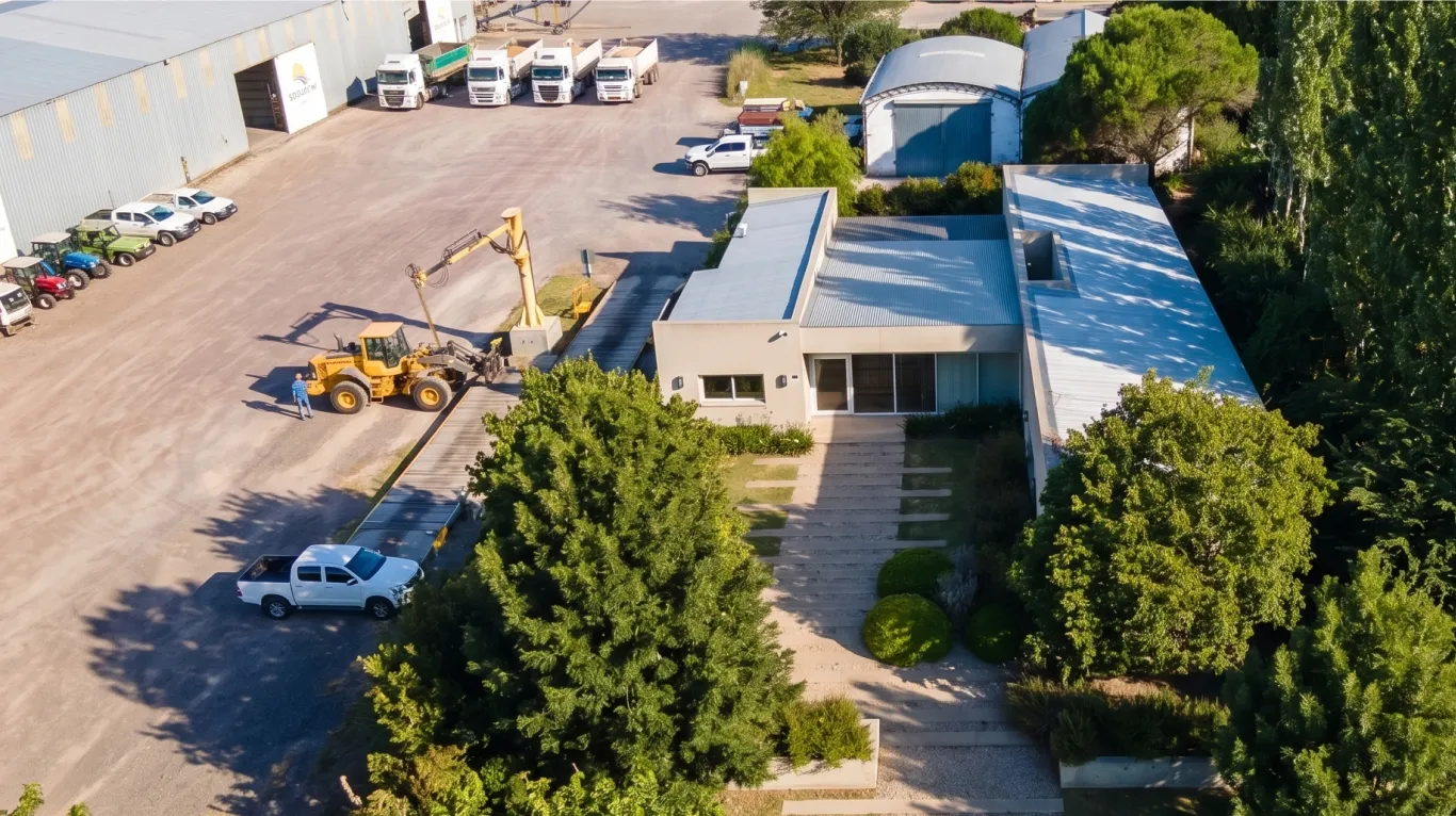 Aerial view of a modern flat-roof building surrounded by trees and greenery with a paved pathway.
