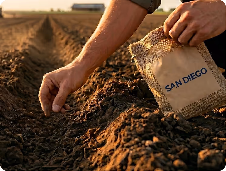 Person planting seeds in a furrowed soil field holding a San Diego branded seed bag.