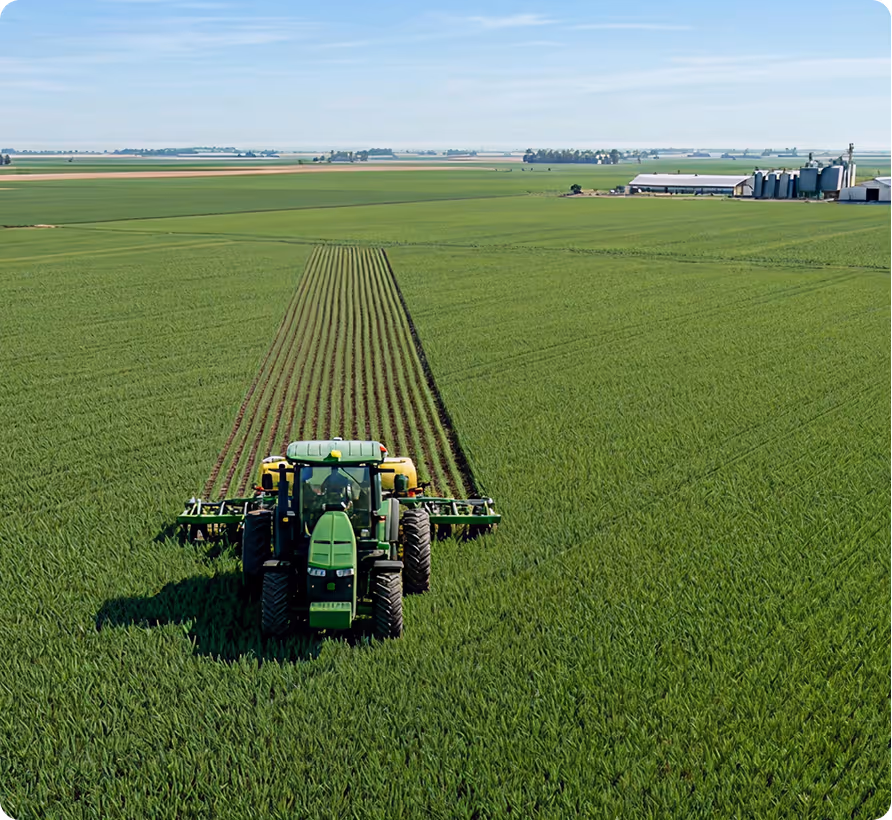 Green tractor cultivating neat rows in a large green field under a blue sky.