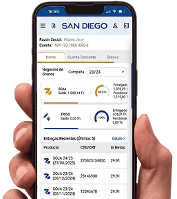 Pantalla de app móvil mostrando saldo y entregas recientes de granos para usuario en San Diego.