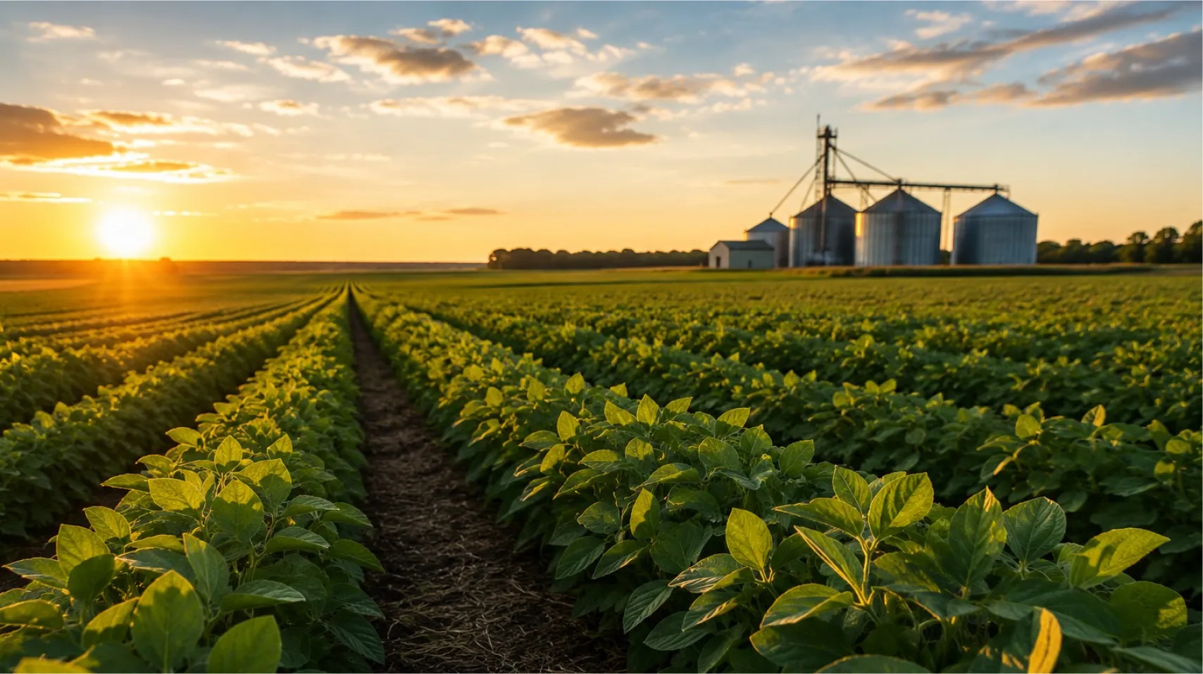 Campo de cultivo verde con planta en primer plano y silos agrícolas al fondo al atardecer.