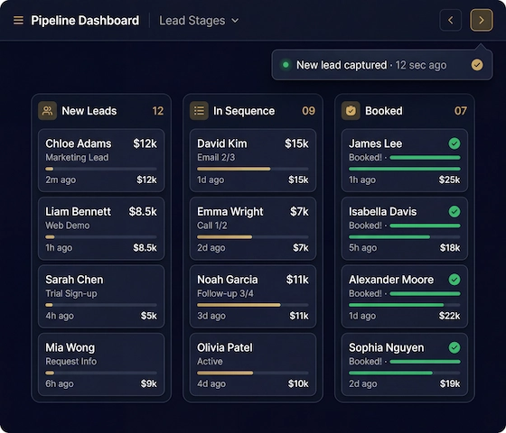 GenCore AI dashboard showing automated lead pipeline