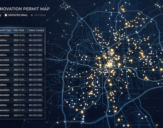 GenCore Lead Engine permit data map showing 
          Atlanta homeowner leads